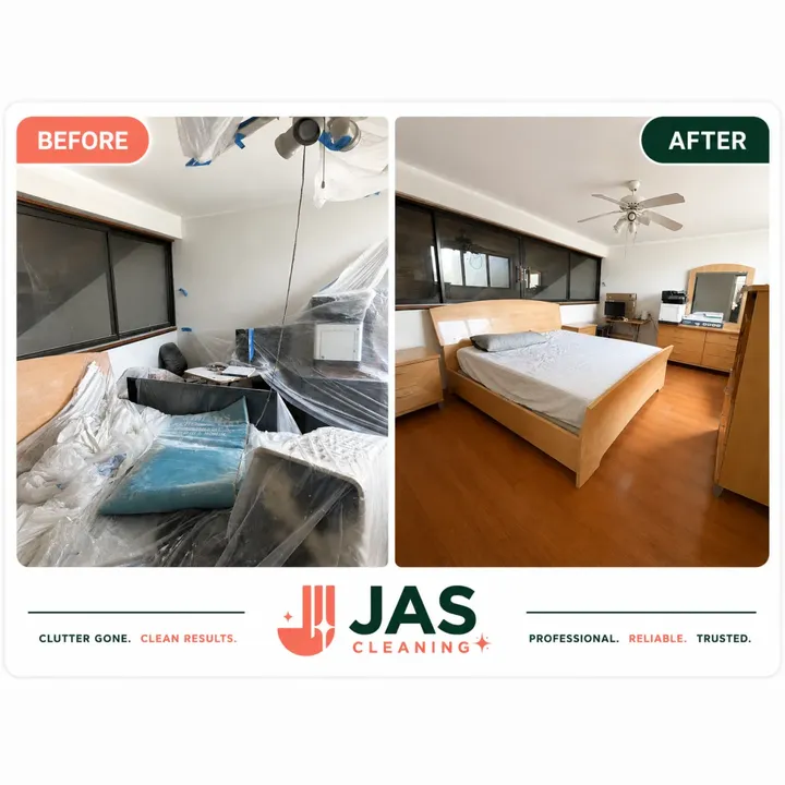 JAS Cleaning before and after: a bedroom covered in construction plastic and clutter, and the same bedroom cleared, bed made and floor cleaned.