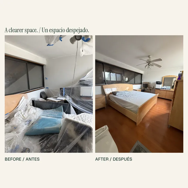 El mismo dormitorio antes y después: se retiraron las cubiertas y el desorden, se tendió la cama y se despejó el piso.
