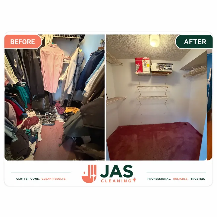 JAS Cleaning before and after: a closet packed with clothes and shoes piled on the floor, and the same closet emptied with the shelves cleared and the carpet cleaned.