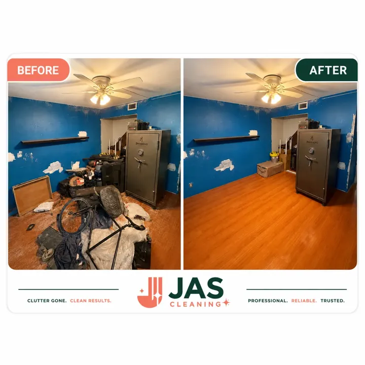 JAS Cleaning before and after: a room piled with bicycles, tires and boxes, and the same room emptied with the floor cleaned.