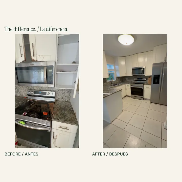 La misma cocina antes y después: se retiraron los residuos visibles de la estufa, las encimeras y el piso. Permanece el desgaste de los gabinetes.
